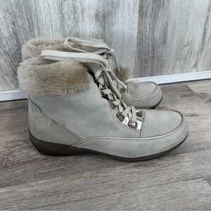 SPORTO Amanda Suede Lace Up Ankle Boot Faux Fur Womens 8 Beige Wedge Winter